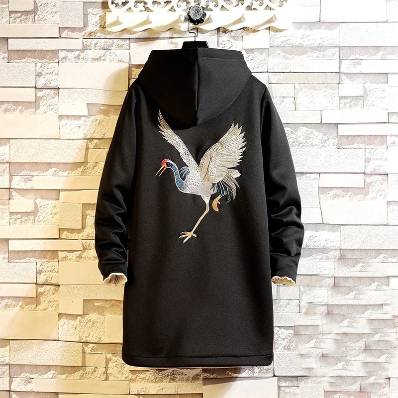 

Winter Hooded Trench Coat Men Crane Embroidery Harajuku Windbreaker Overcoat Male Casual Outwear Hip Hop Streetwear Coats KK2973