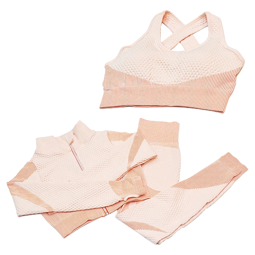 

3-piece Women Yoga Suit Stretchy Fitness Tracksuit Clothing - Long-Sleeve Crop Top Sports Bra Pants Leggings Tights