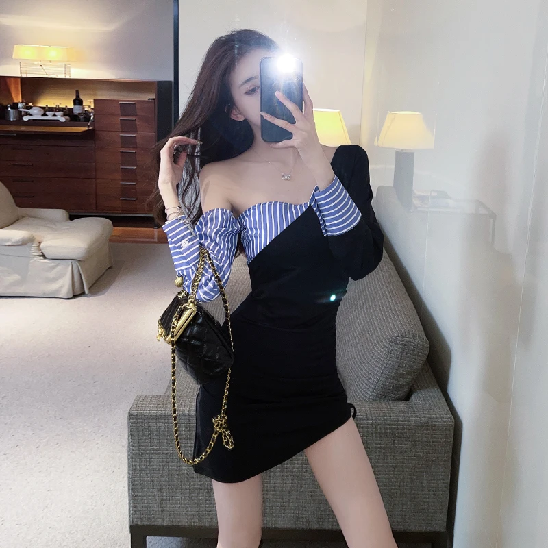 

2021 Spring Patchwork Irregular Shoulder Sexy Dress