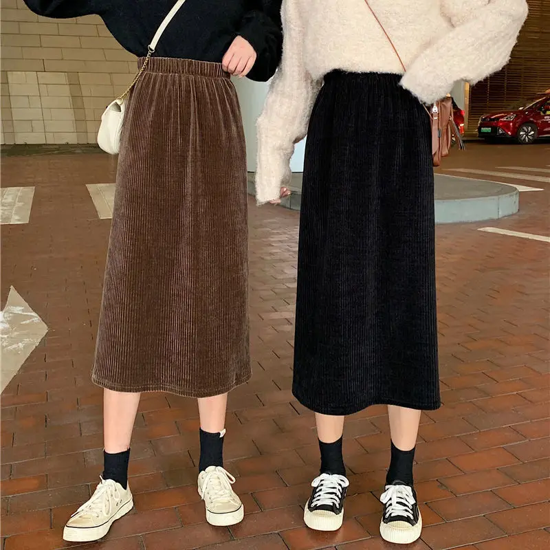 

Retro Corduroy Skirt women's new spring and autumn versatile high waist one-step skirt mid length split A-line skirt