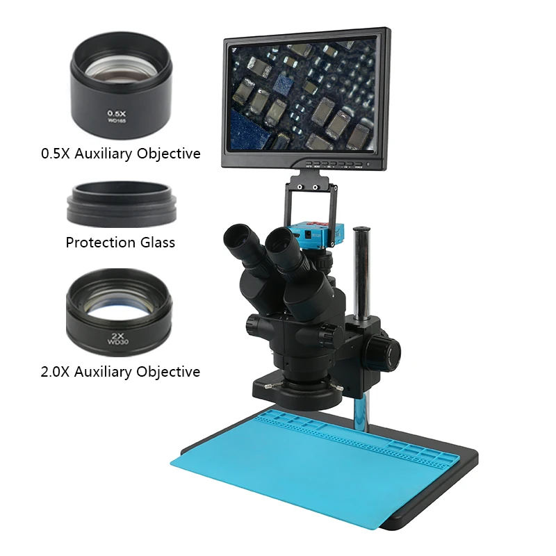 

3.5X 7X 45X 90X Simul Focal Trinocular Stereo Microscope 30MP 2K HDMI Didgital Video Industrial Camera HD 10.1 Inch Monitor