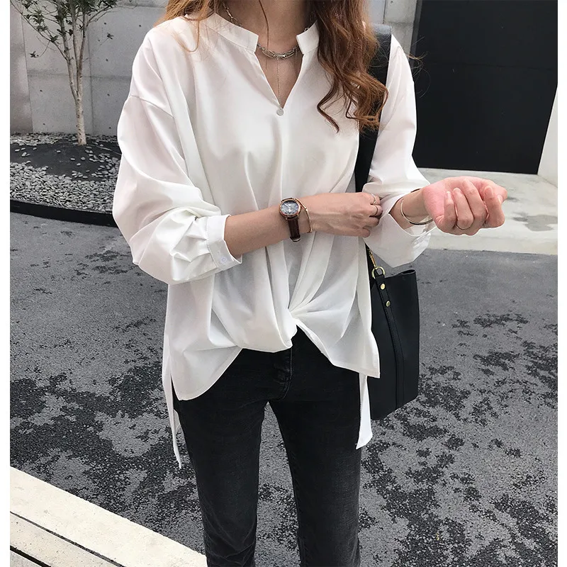 Блузка женская однотонная свободного покроя Модная элегантная рубашка с длинным