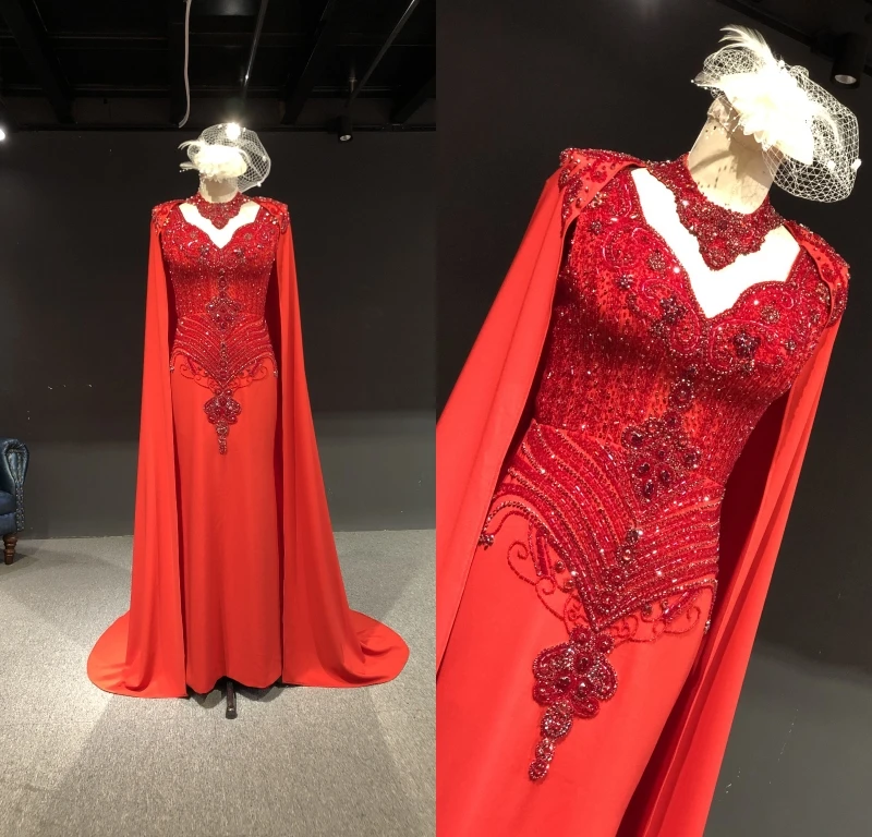 

Luxurious Custom Made Red Satin Heavy Beads Sleeveless with Shawl Floor Length Mermaid Prom Party Bridal Women Evening Dress