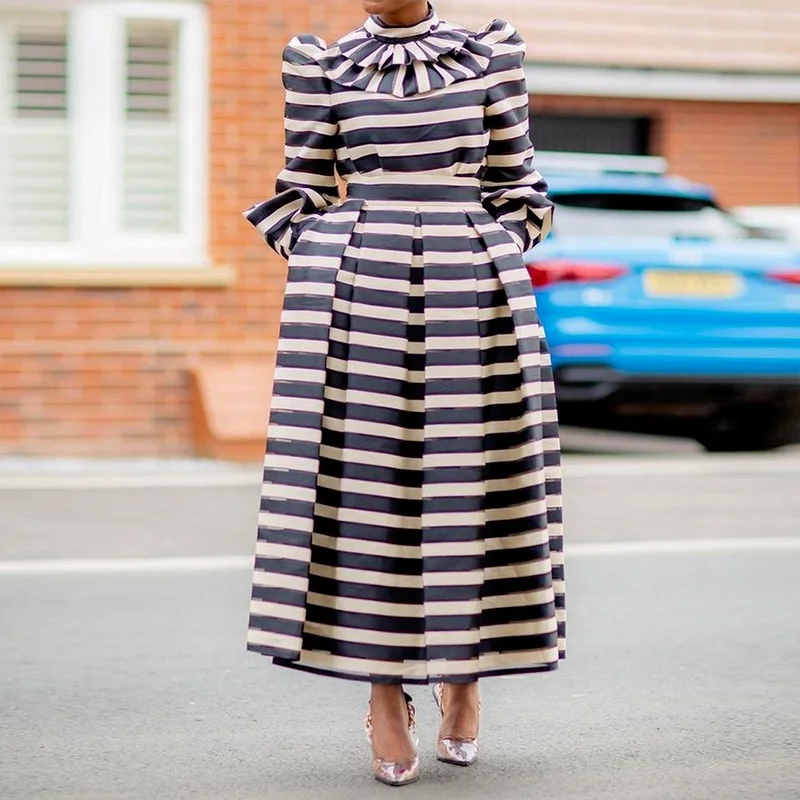 

African Dresses For Women 2021 New Fashion Ankara Plus Size Striped Gowns Long Sleeve Kaftan Abaya Robe Tenue Africaine Femme