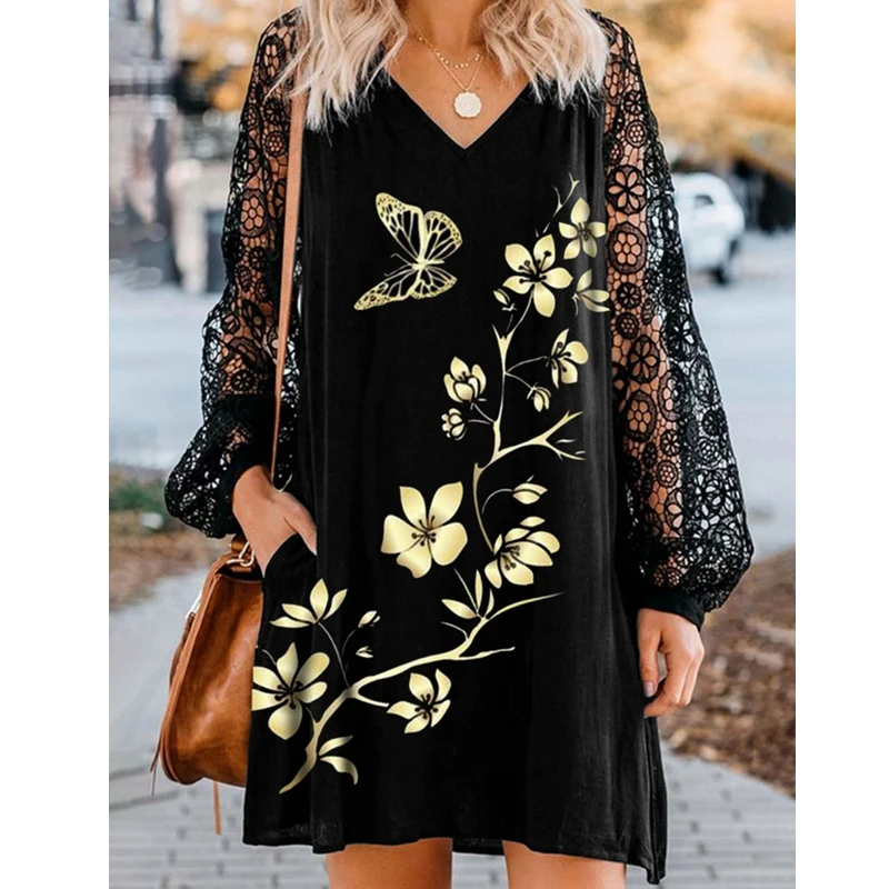 

Summer Dress Women Black Pullover V-neck Printed Lace Long Sleeve Dress Streetwear Casual Mini Dress Lugentolo