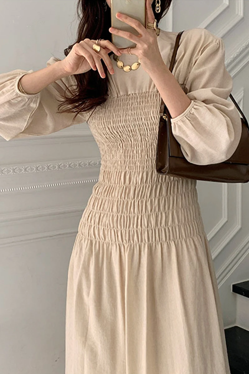 

ZCSMLL blue dresses Korea Chic Spring Round Neck Folds Waist Slimming Knee-length Long Puff Sleeve Dress Women 2021 Summer