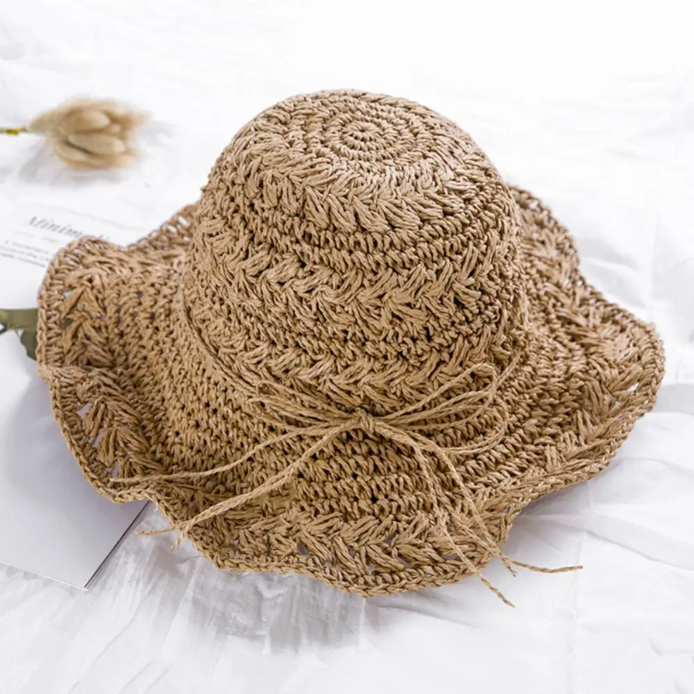 

Women Straw Hat Foldable Crochet Knit Large Brim Sun Protection Sunhat Beach Cap Light breathable UV Protection Straw Hat 2021