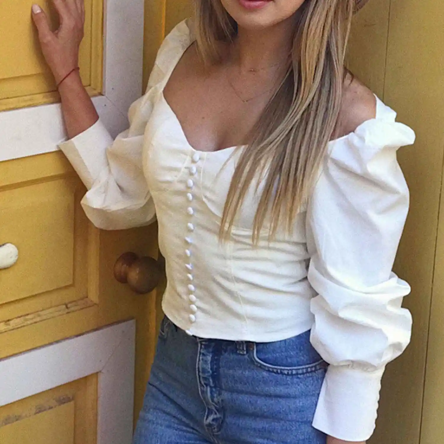 

Sexy White Office Shirt Puff Sleeve Lady's Top Square Collar Casual Shirt Button Spring and Summer White S Size