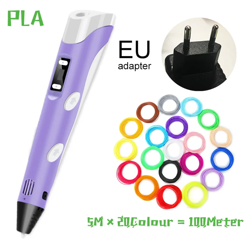 5m20color PLA EU 3D Ручка, три D принтера, ручка для рисования с пластиком, 100 м, PLA/ABS нити, для творчества, подарок на день рождения, Оригинальные рождественские подарки - Цвет: 5m20color PLA EU