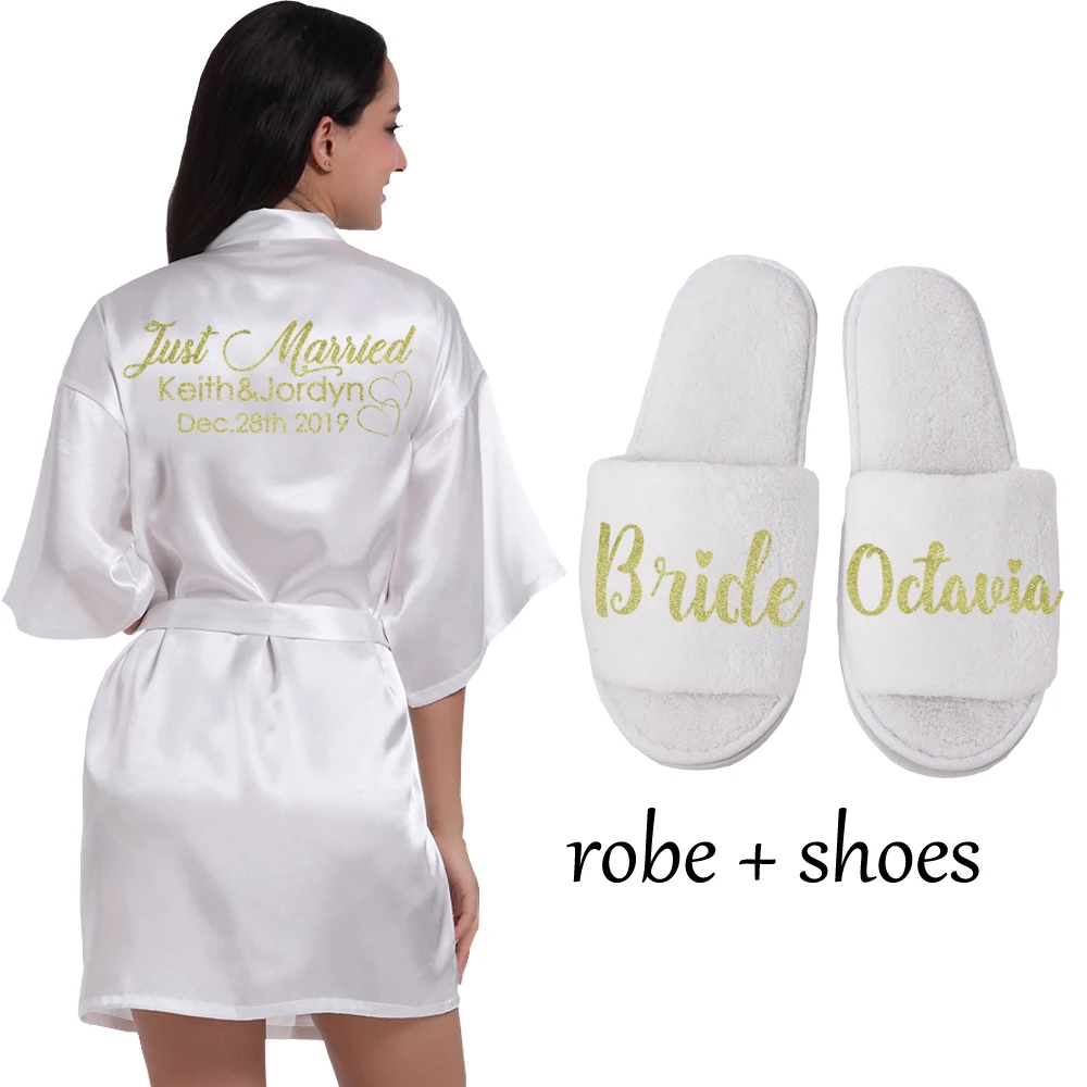 White robe shoe Индивидуальный Логотип Weddin Дата имя искусственный шелк кимоно халат для женщин Свадебные невесты халаты девичник свадебная одежда - Цвет: White robe shoe