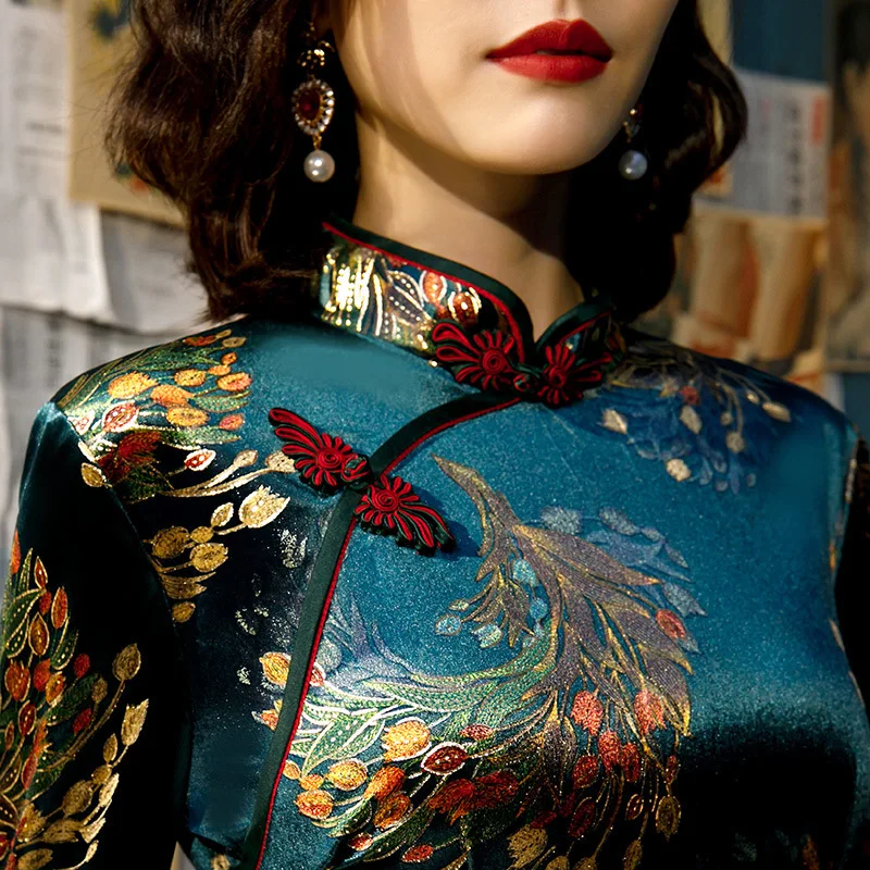 Sheng Coco L 5XL женские осенние бархатные Cheongsam Qipao принт павлинье перо китайское