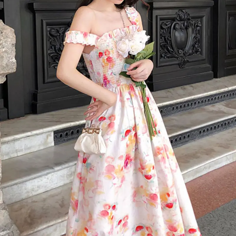 Женское винтажное платье с цветочным принтом розовое до середины икры