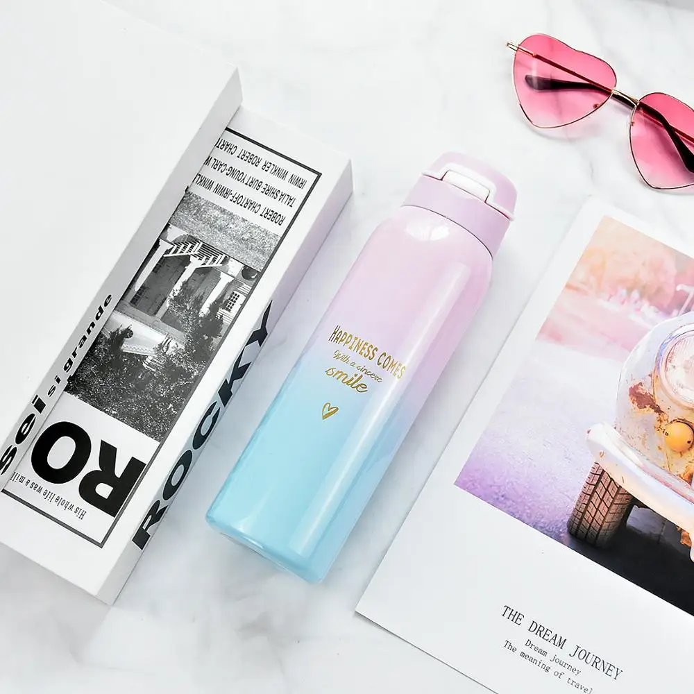 pink 480 мл изолированные термосы для молока и кофе Cup18/8 термос из нержавеющей стали соломенная бутылка для воды градиентная спортивная и уличная вакуумная колба - Цвет: pink