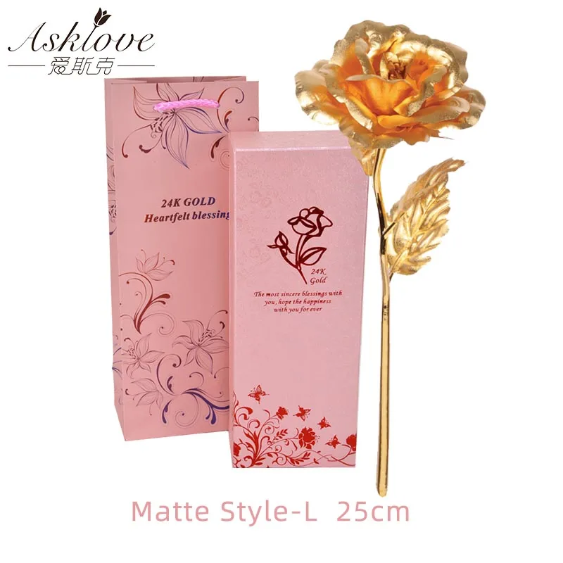 Matte style-L Asklove, 24 K, Золотая фольга, цветок розы, свадебное украшение, цветок, подарок подруге, любовник, позолоченные искусственные цветы, подарочная коробка - Цвет: Matte style-L