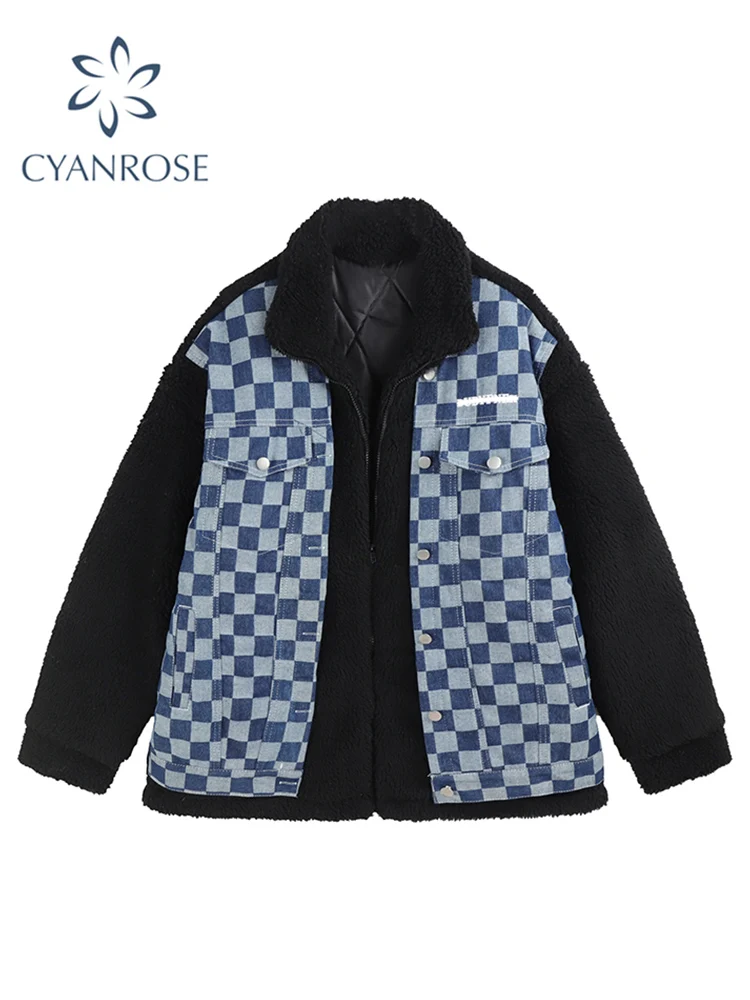 

Women Lamb Wool Jacket Vintage Plaid Jean Patchwork Fake Two Pieces Fleece Coat Fashion Casual Oversized Warm Thickened Jackets