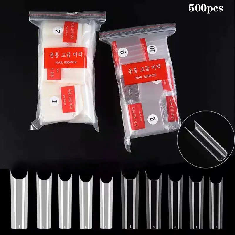 

500Pcs C Curved False Nails With(0#-9#)10Sizes Nail Tips 2Types Clear/Natural ABS Artificial French Acrylic HalfCover Fake Nails