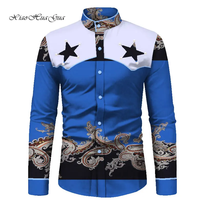 

African Men Long Sleeve Shirt Fashion Bazin Riche Tops Men Casual African Print Shirt Coat Causal Party Office Shirt WYN645