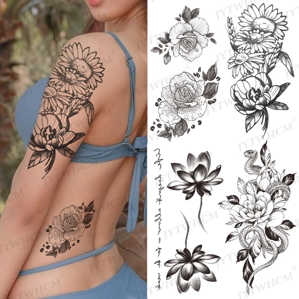 Designs Waterproof Temporary Black Art Sketchs Flowers Tattoo Sleeves Stickers Flash Fake Body Chrysanthemum Tattoos For Women
