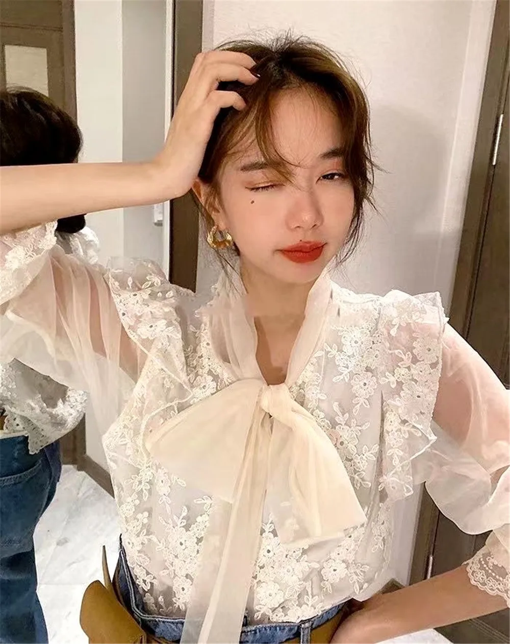 

Женская Офисная рубашка с оборками, с длинным рукавом