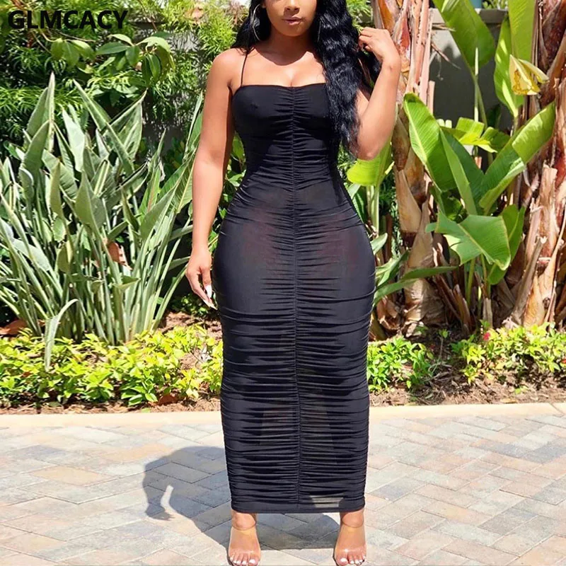 Women Spaghetti Strap Mesh Black Maxi Dress Summer Sleeveless Bodycon Long Classy Evening Party | Женская одежда