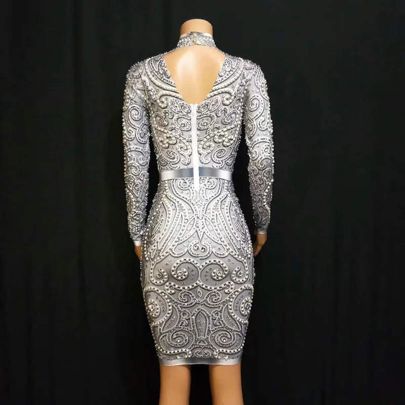 Соблазнительное платье стразы с длинным рукавом блестящее кристаллами женская