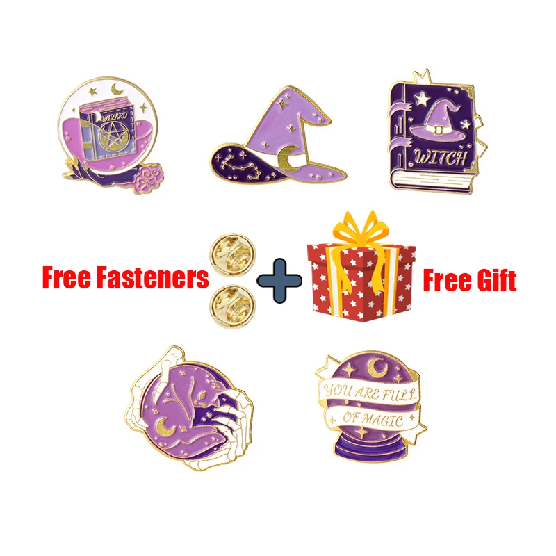

Magic Book Crystal Ball Enamel Pins Purple Witch Hat Witchcraft Brooches Lapel Gothic Badge Pin Jewelry Gift for Kids Friends