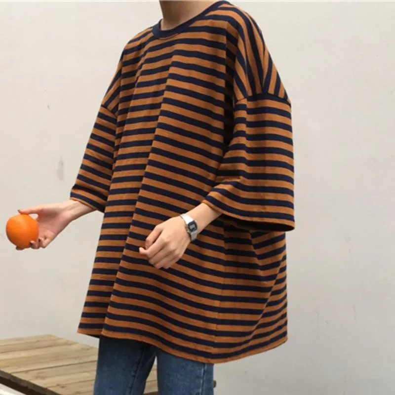 Летняя футболка для женщин в полоску повседневные футболки Harajuku с короткими