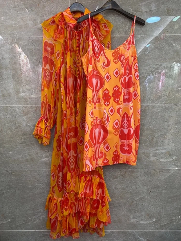 

Quality Silk 2020 Top Summer Women Geometric Prints Ball Button String Belt Deco Long Sleeve Beach Maxi Dress Orange