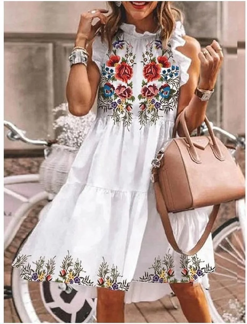 

New 2021 Women Summer Dress Fashion Floral Print Dresses Ruffles Beach Off Shoulder Sleeveless Loose Casual Vestidos Plus Size