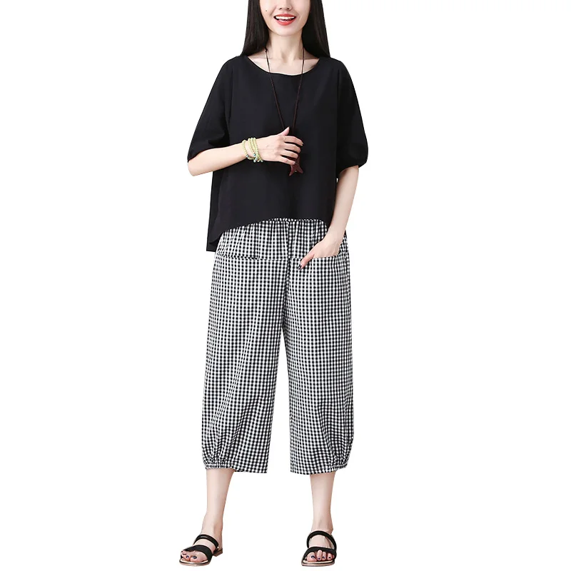 

Large Size Cotton and Linen Two-Piece Suit Artistic Loose Plaid Cotton and Linen Wide-Leg Pants for Plump Girls Casual Top Linen