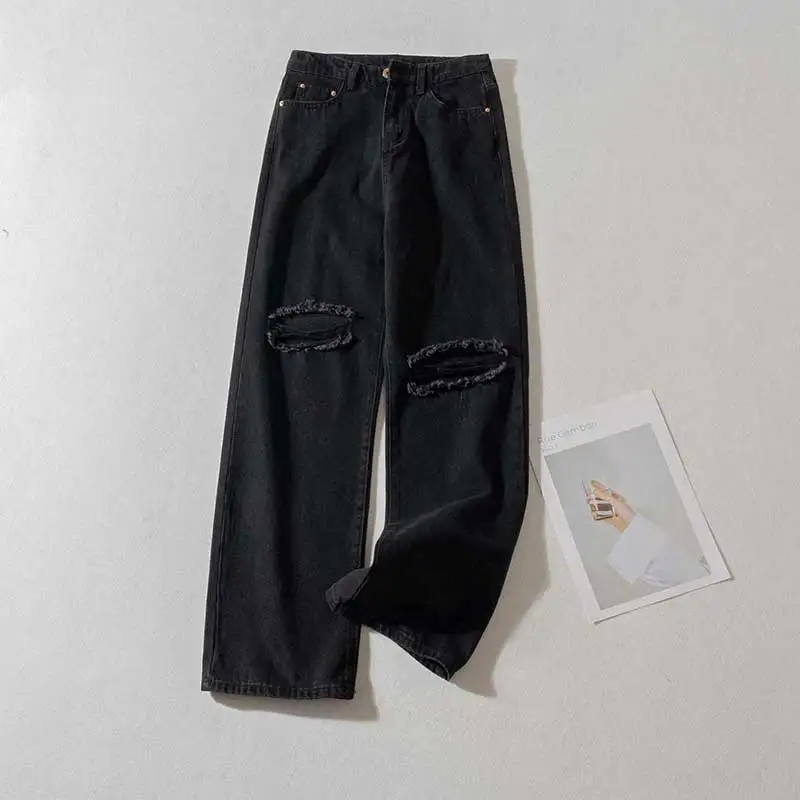 

Женские джинсы с дырками, черные прямые брюки из денима в Корейском стиле, весна 2022