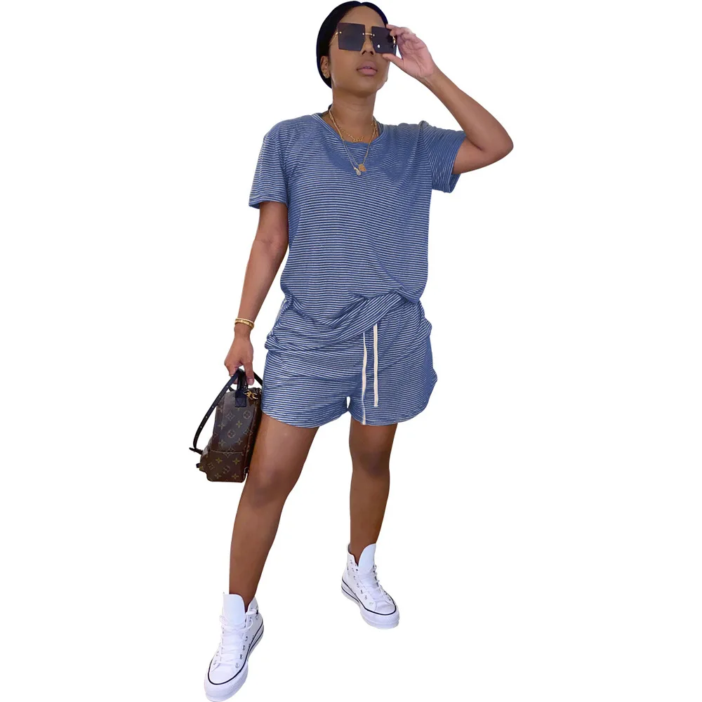 

Casual Striped Print Short Sleeve Loose T-shirt Tops and Drawstring Biker Shorts Sweatsuit Summer Sportwear Workout 2 Piece Set