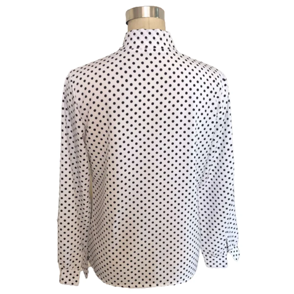 

White Elegant Women Print Dot Shirts Casual V Neck Bow Tie Long Sleeve Blouses 2021 Summer Lady Fashion Puff Sleeve Chiffon Tops