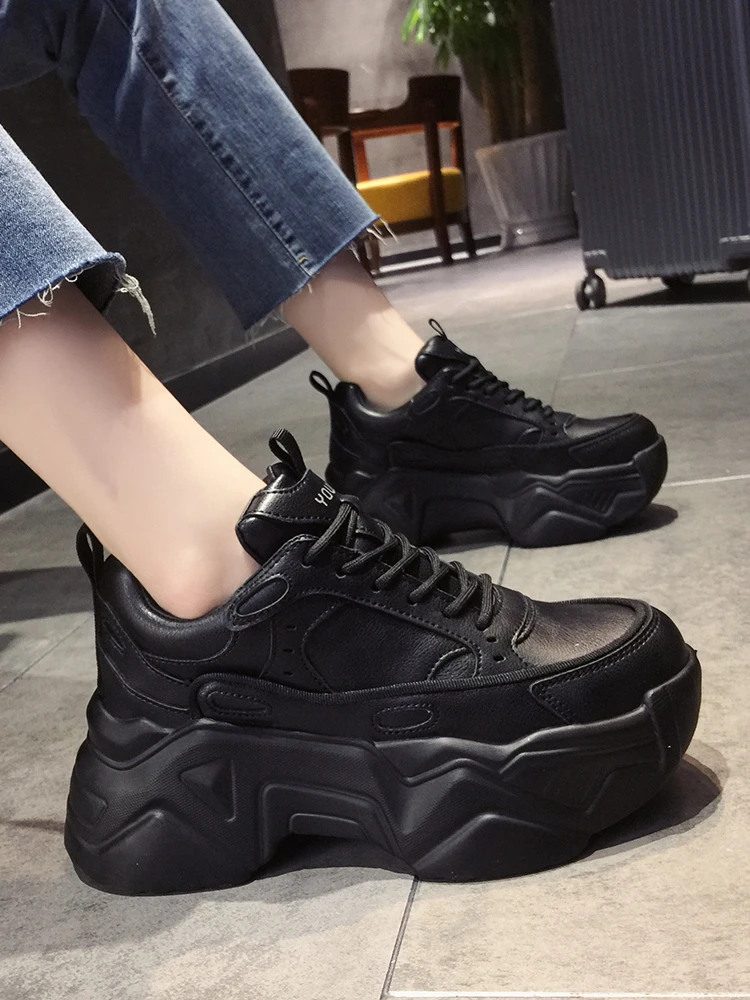 

Women Platform Sneakers Leather Casual Ladies Chunky Shoes 2020 White Woman High Black Fashion Brand Thick soled Wedge Sneakers
