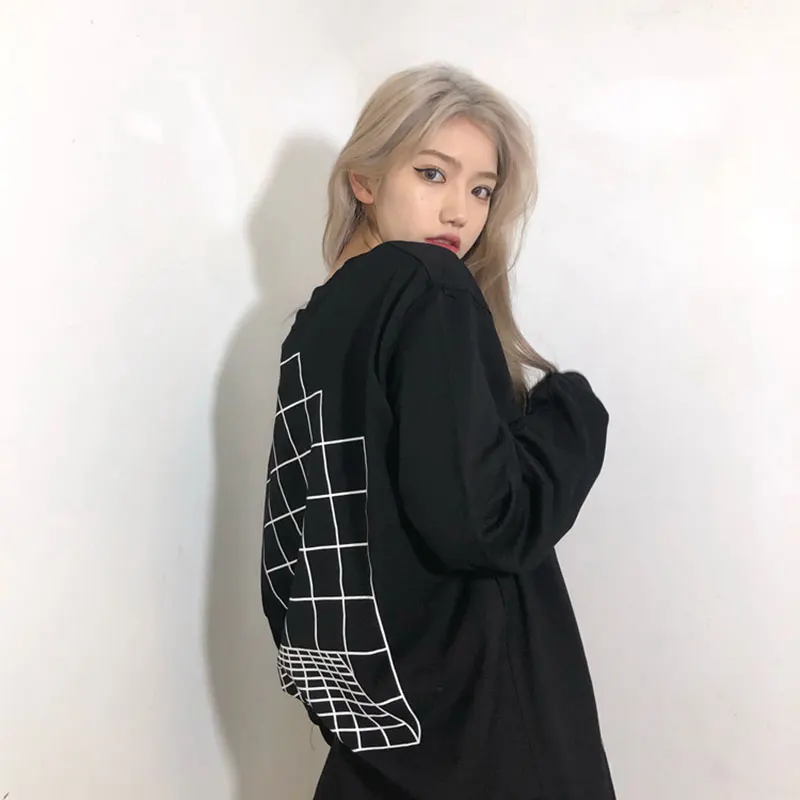No Hat Hoodies Women Vintage Streetwear O-neck Long Sleeve Tops Hip Hop Design Plaid-pattern Printing Oversize Sweatshirts Teens | Женская