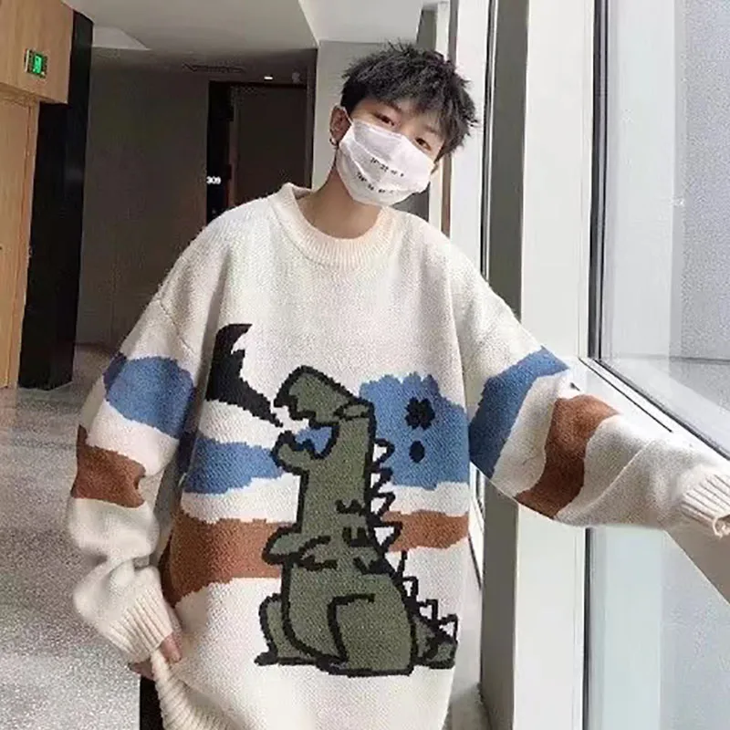 Осенний свитер с мультипликационным принтом динозавра мужской модный вязаный