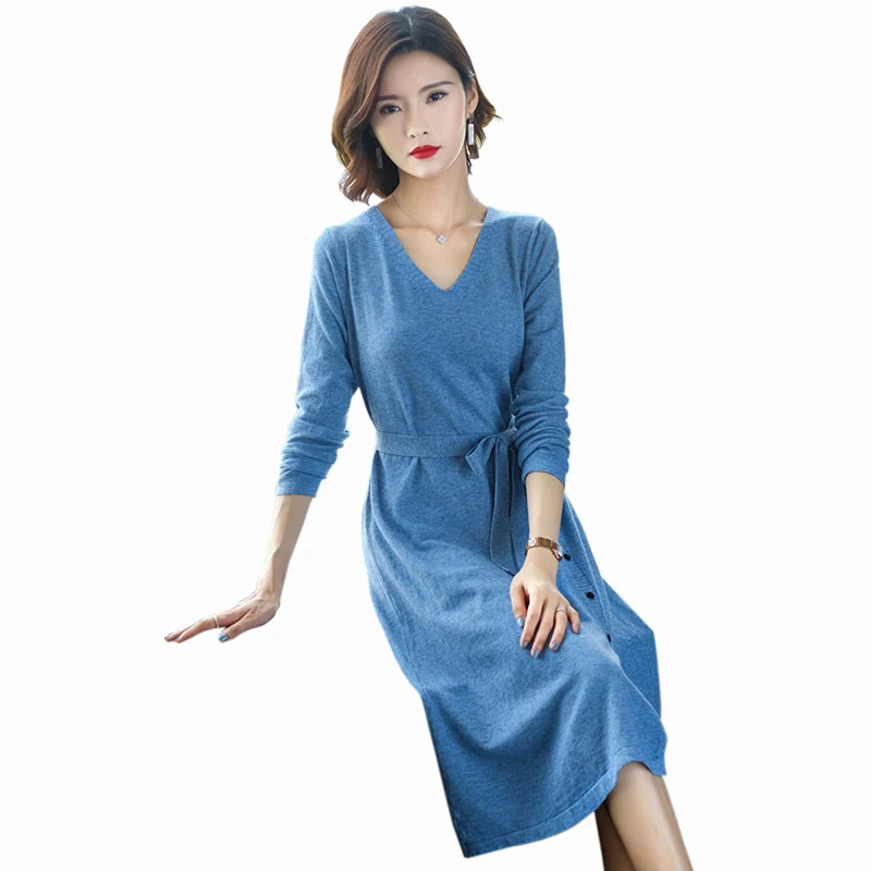 

fashion V-Neck Sweater dress women Casual Large size XXL knitting dress Autumn new blue Long sleeve dress women