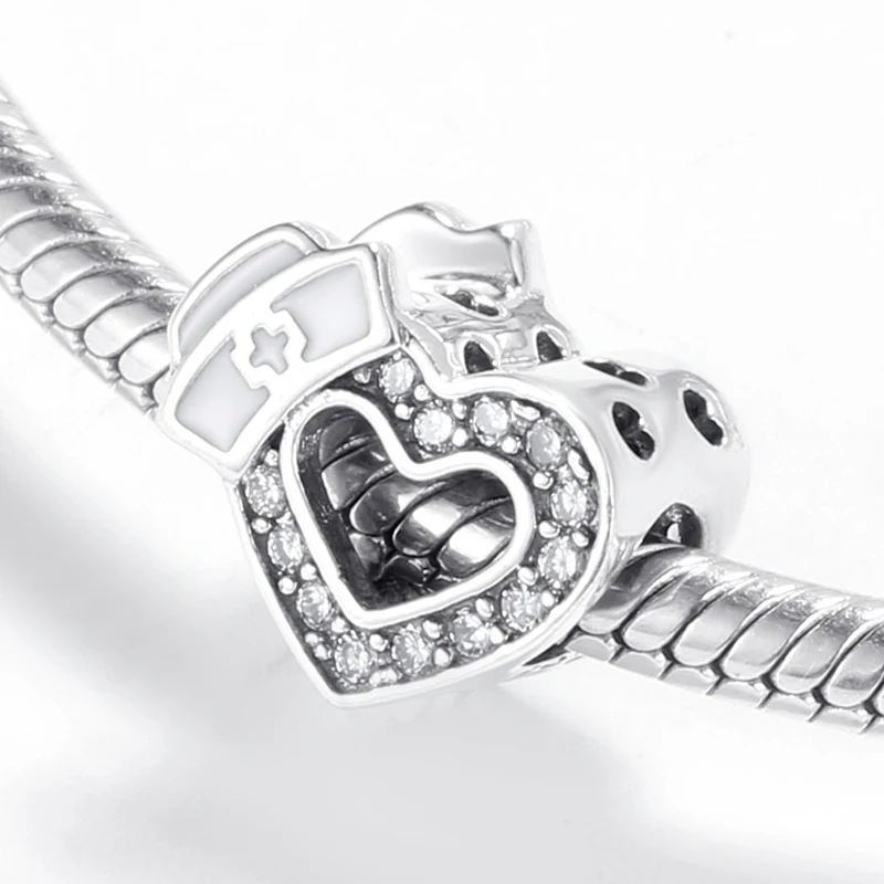100% 925 пробы серебряные шармы медсестры в форме сердца сверкающие CZ бусины
