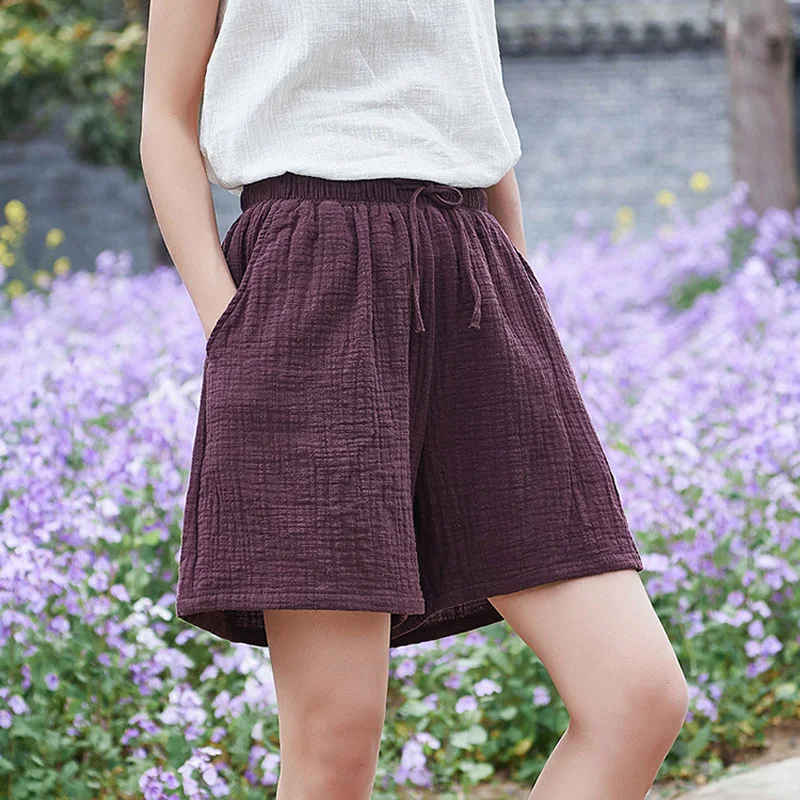 

Johnature New Style Casual Cotton Linen Women Shorts 2021 Summer New Solid Elastic Waist Women Shorts Wide Leg Shorts