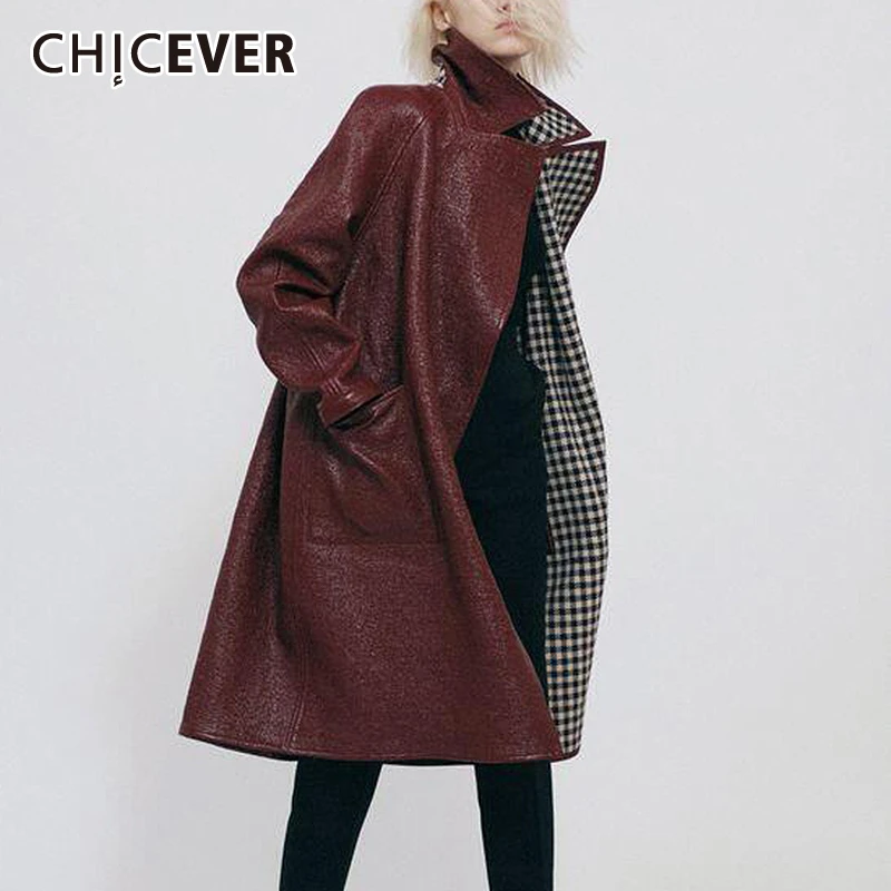 CHICEVER Корейская куртка из искусственной кожи для женщин воротник с лацканами