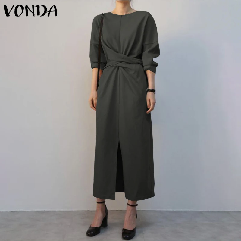 

Элегантное офисное платье VONDA 2022, женские осенние вечерние платья с круглым вырезом и рукавом до локтя, Свободные повседневные однотонные д...