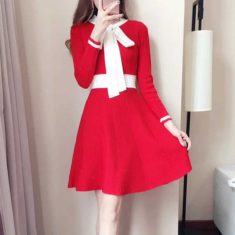 Autumn Winter Sweater Dress 2019 New Korean Fashion Bow Tie Collar Long Sleeve Knitting A-line Mini P-266 | Женская одежда
