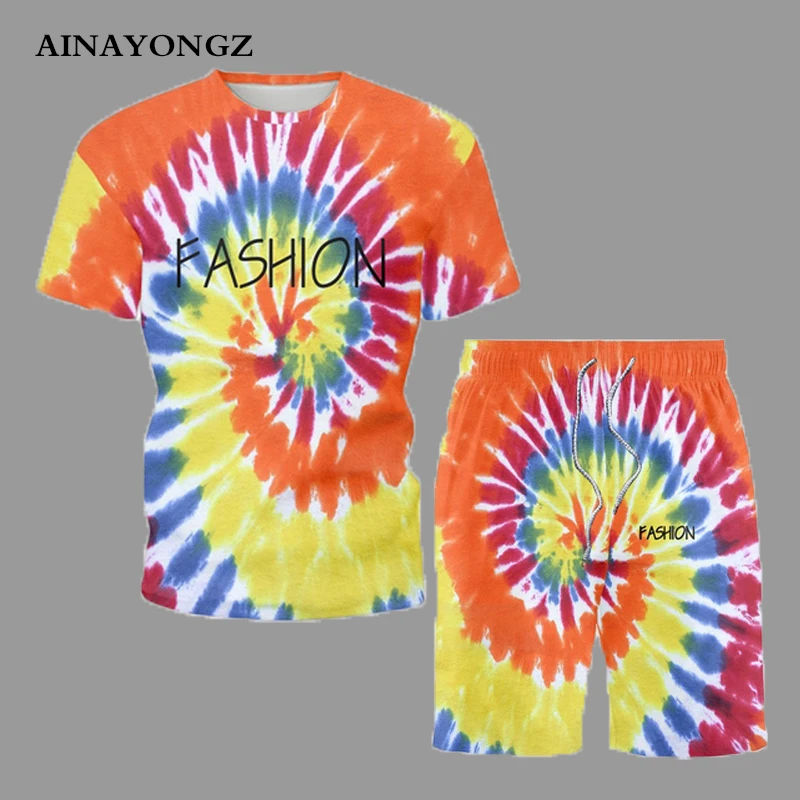Creativity Oily Ink Print Summer Attire Suit 2022 Fashion Colorful Swirl Men T-Shirt With Shorts Set Male Casual Beachwear S-5XL