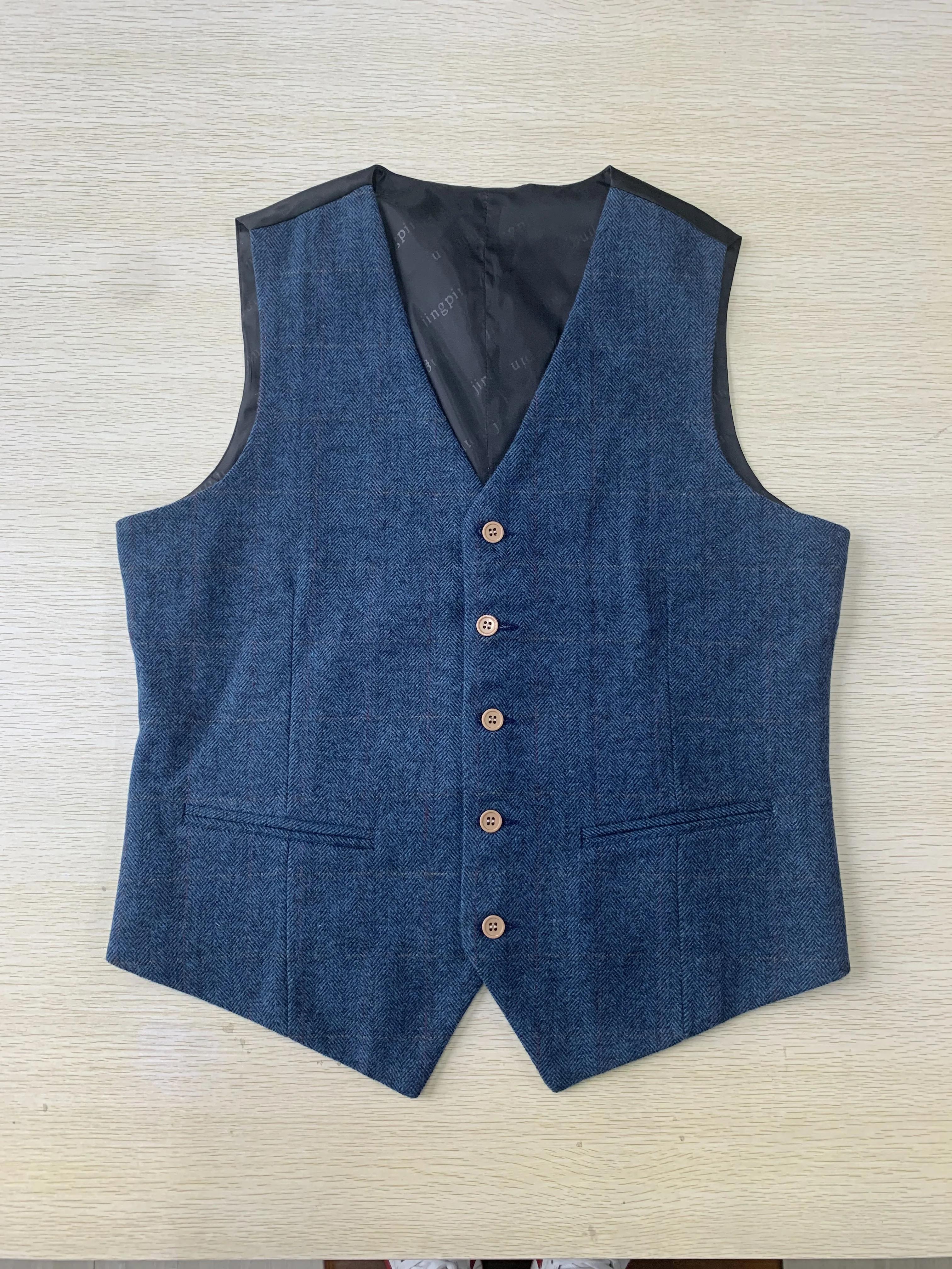 

Men's Suit Vest （Pants）Blue Herringbone Wool Tweed Business Waistcoat Jacket Casual Slim Fit Gilet Homme For Groosmen Clothing