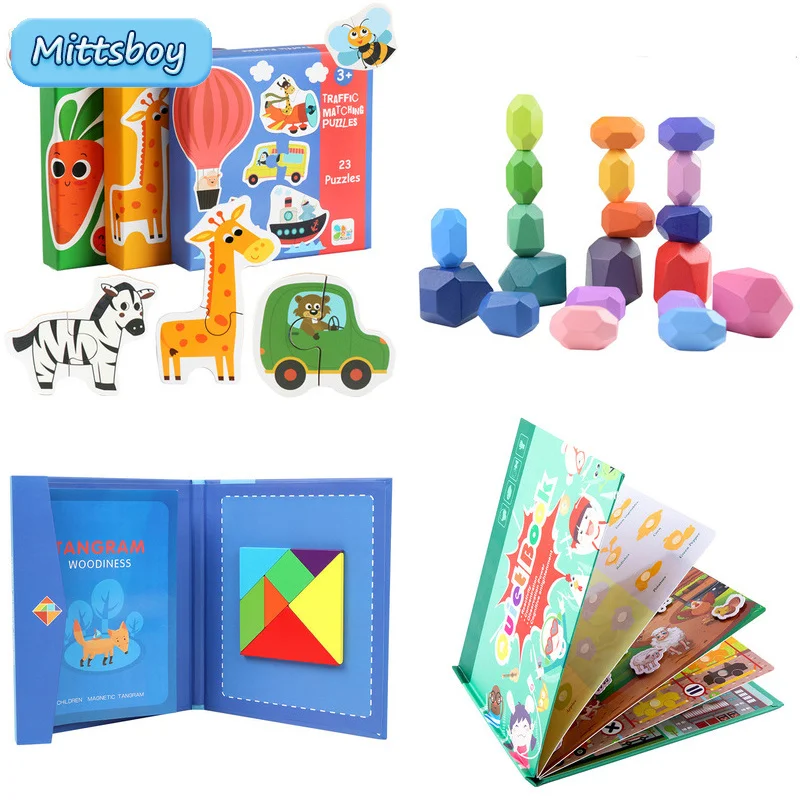 

Деревянная Магнитная интеллектуальная цветная игрушка Монтессори танграмма Балансирующий камень jenda дорожные овощи головоломка игрушка д...