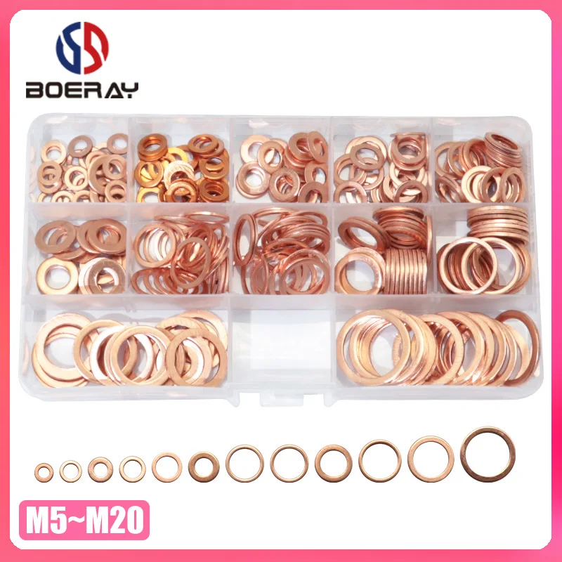 

280pcs Assortment Red Solid Copper Brass Washer Sealing Ring Copper Gasket Set