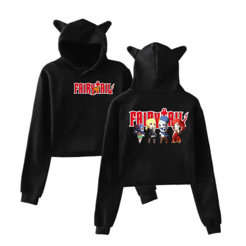 

Fairy Tail Short Cropped Hoodies Women Sweatshirt Cat ears Anime Sweatshirt Girl hoodie Crop Top Hooded Femal Women-Clothing