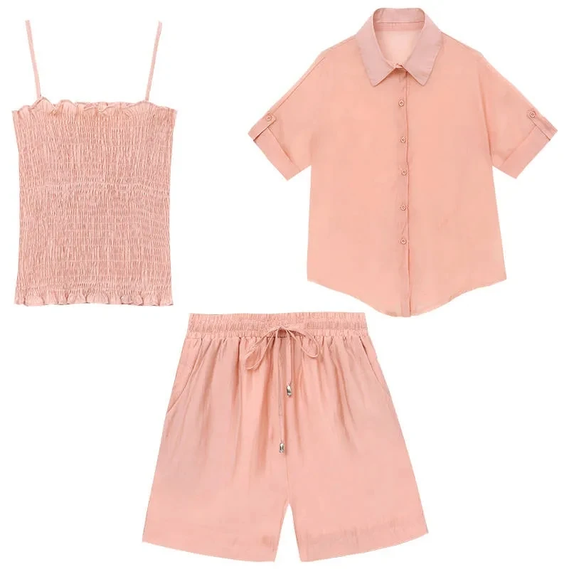 

Women Chiffon 3 Piece Sets Summer Thin Casual Sun-Proof Blouses + Slim Pleat Camisole + Shorts Suit Fashion Ladies Outfit