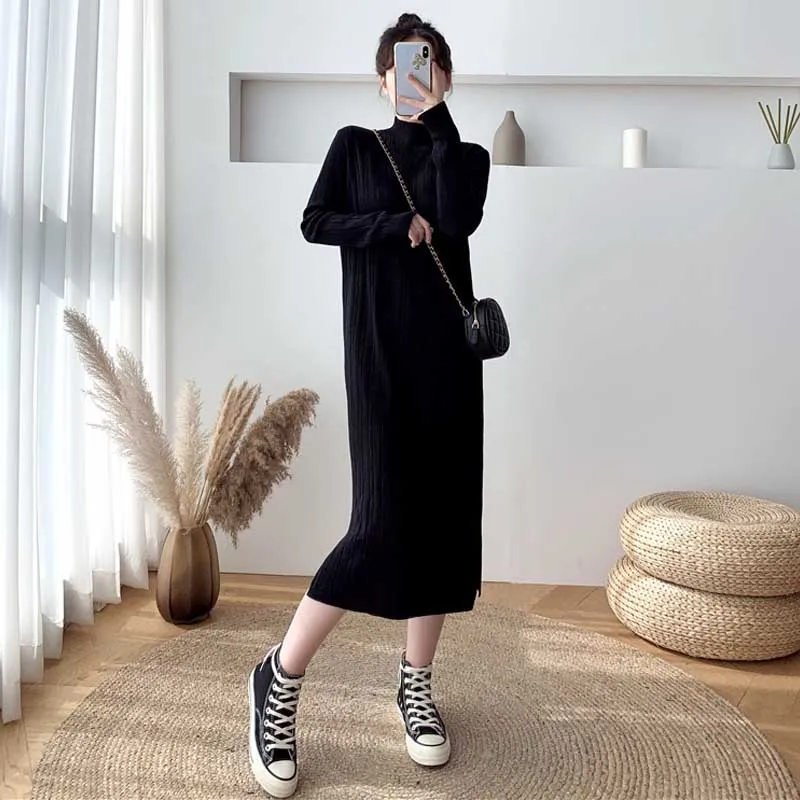 

Korean Dresses Woman One-Piece Elegant Slim Knitted Sweater Dress 2020 Winter Women'S Fashion Long Sleeves Knit Dress Midi Dress