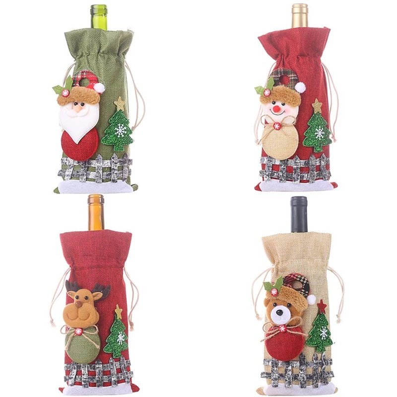 

Christmas Red Wine Bottle Covers Bag Linen Holiday Santa Claus Champagne Bottle Cover Christmas Decorations for Home